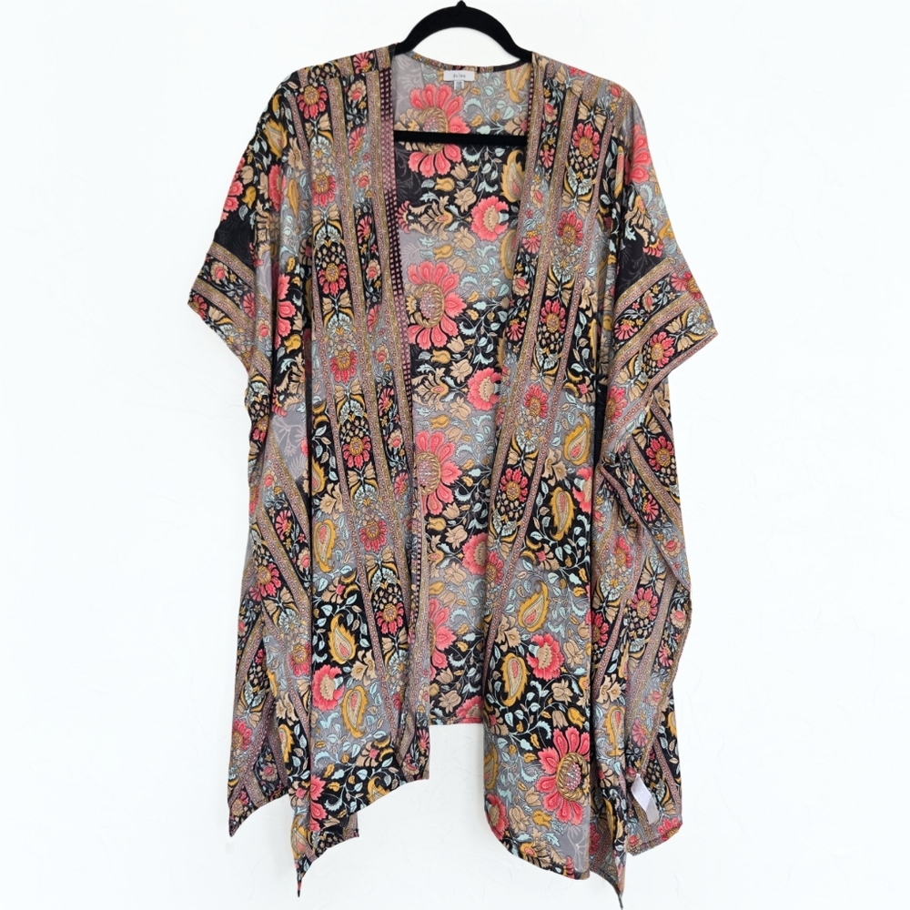 Dolma Silk Boho Rose Floral Pink Black Kimono, OS